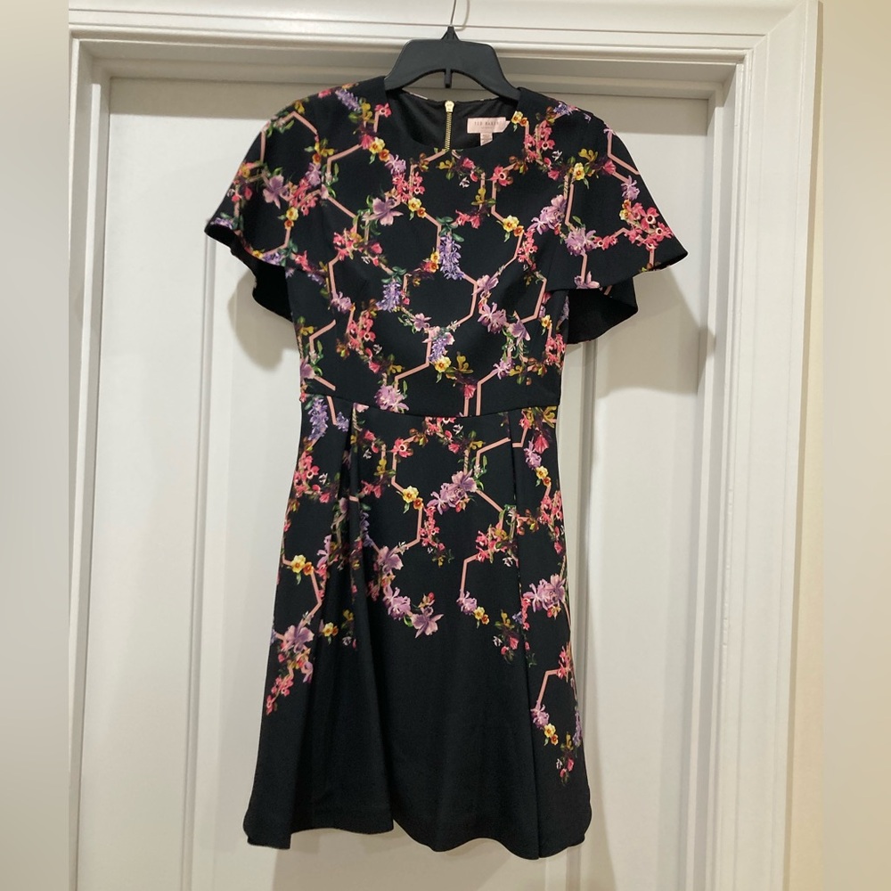 Ted Baker Black Dress with Pink Floral Design Uk 1 (US 4) - Picture 5 of 12